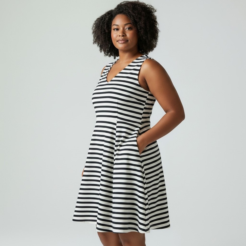 Ellos Coastal Grandmother Striped‎ Fit and Flare Dress 30W Nautical Classic